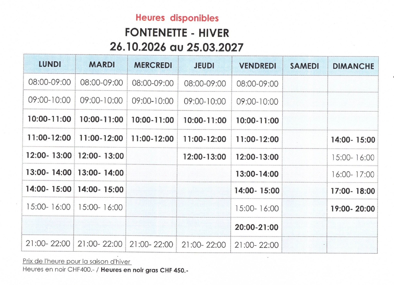 Planning Fontenette hiver 2026-2027
